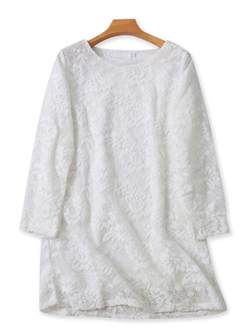 圆领蕾丝钩花连衣裙 春季新款长袖中长款上衣女百搭宽松裙子09022