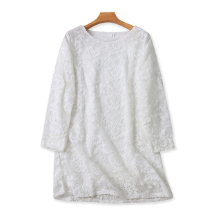 中长款 圆领蕾丝钩花连衣裙 长袖 新款 上衣女百搭宽松裙子09022 春季