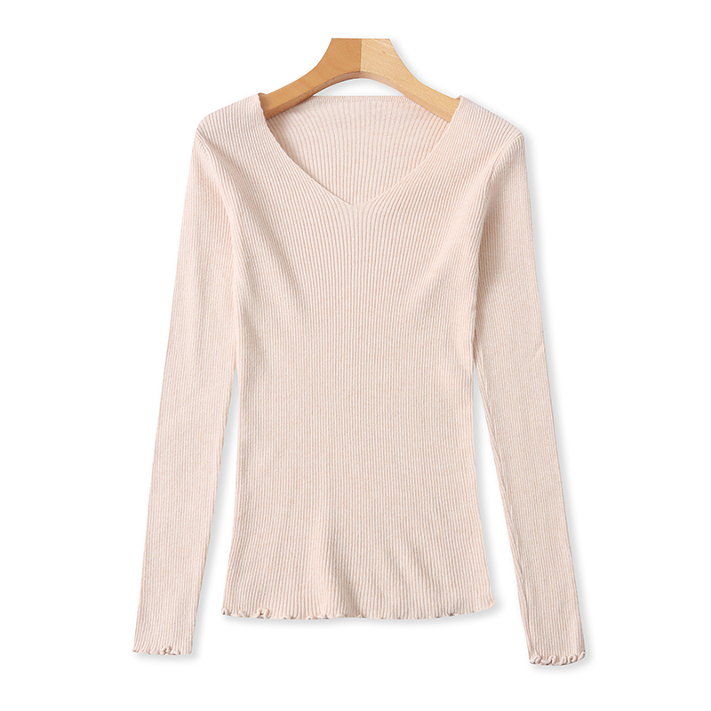 时尚V领木耳边长袖针织衫打底衫