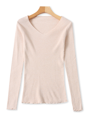 时尚V领木耳边长袖针织衫春秋新款时尚毛衣修身女打底衫上衣13263