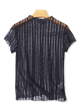 透视短袖T恤衫 夏季新款时尚立领蕾丝衫 女打底修身弹力上衣18362