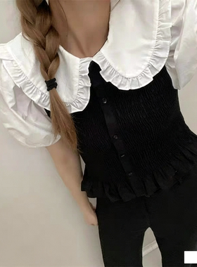 日系甜美娃娃领拼色短袖上衣