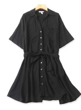 翻领系带收腰连衣裙 夏季新款短袖中长款衬衫裙 外贸女裙子23544