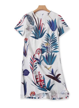 印花圆领连衣裙 夏季新款短袖A字裙 时尚显瘦女装中长款裙子16532