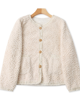 小香风V领羊羔毛外套 春秋加绒保暖宽松时尚女长袖甜美上衣 17434