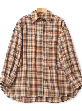 慵懒风棉翻领格子长袖衬衫 春秋新款时尚宽松休闲女中长上衣20031