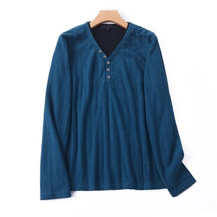 外贸V领假两件T恤衫 宽松弹力打底男女套头上衣D 长袖 春季 新款