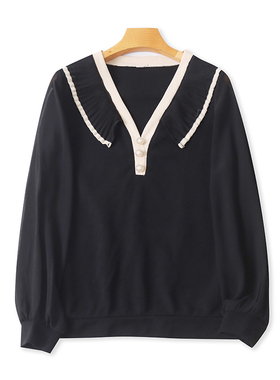 长袖V领针织衫 春秋新款拼接女打底体恤衫 纯色百搭时尚上衣01073