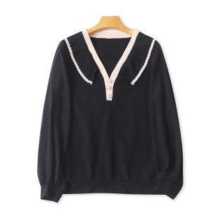 纯色百搭时尚 长袖 拼接女打底体恤衫 春秋新款 上衣01073 V领针织衫