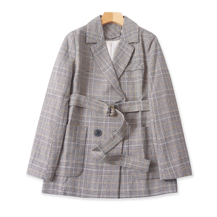 系带收腰小西服女英伦风外套02053 春秋新款 时尚 翻领千鸟格子西装