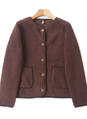 外贸圆领羊羔绒外套 春秋新款时尚休闲女装宽松纽扣开衫上衣06184