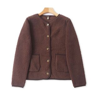 宽松纽扣开衫 外贸圆领羊羔绒外套 休闲女装 时尚 上衣06184 春秋新款