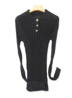 高弹力翻领长袖修身针织衫 春秋新款修身毛衣时尚女打底上衣24052