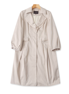 气质蕾丝翻领风衣 春秋新款时尚女上衣中长款大衣灯笼袖外套13394