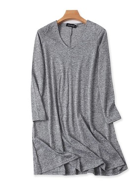 V领针织连衣裙 打底衫女春秋薄新款中长款T恤休闲打底短裙子08024