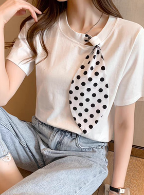 圆领系带短袖T恤衫 夏季新款显瘦女套头体恤衫 宽松休闲上衣11294