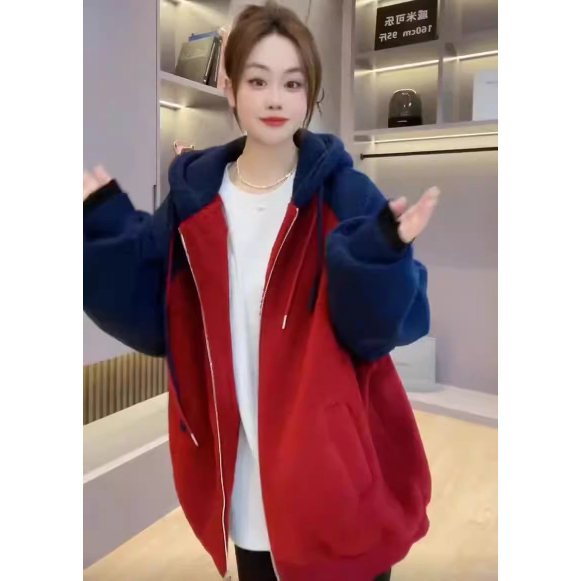 连帽羊羔毛拼色外套 秋冬款保暖宽松皮绒一体女加厚大板卫衣19281,女装/女士精品,短外套,淘宝优惠券,粉丝福利购,淘宝优惠卷