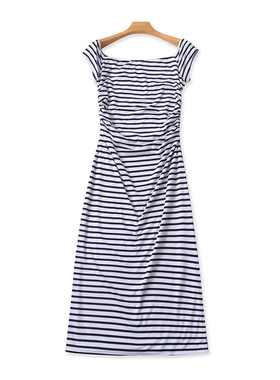 条纹一字肩连衣裙 夏季新款百搭显瘦修身弹力长款女套头裙子15184