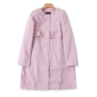 新款 长袖 外套 女装 17414 大衣 春季 时尚 格子圆领荷叶边风衣 中长款