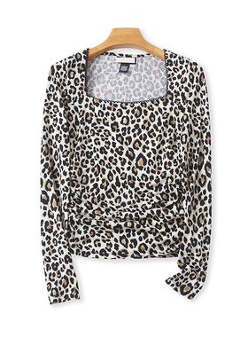 外贸方领豹纹长袖T恤衫 春秋新款修身弹力女打底衫套头上衣 07412