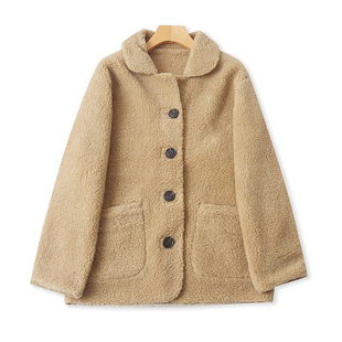 外贸仿羊羔毛翻领外套 春秋新款时尚女休闲宽松纽扣开衫上衣22314