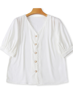 外贸V领钩花短袖衬衫 夏季新款宽松休闲女衬衣纽扣开衫上衣 09202