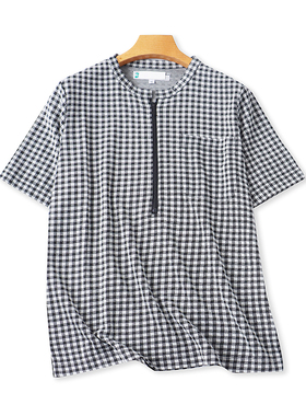 外贸立领格子衫 夏季新款宽松休闲女套头T恤衫 显瘦短袖上衣10314