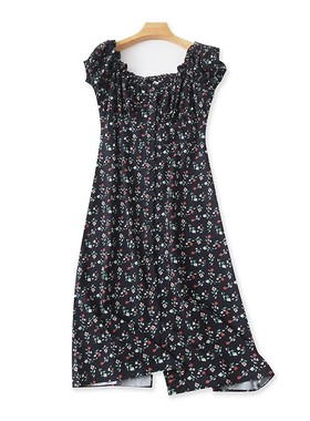 一字肩碎花连衣裙 夏季新款中长款A字裙 时尚女开叉外单裙子03253