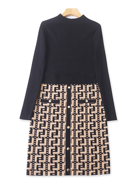 外贸半高领拼色针织连衣裙 春秋新收腰长袖女中长款毛衣裙子10383