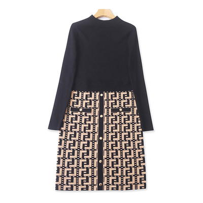 气质外贸半高领拼色针织连衣裙女