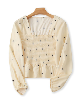 方领修身印花小衫春秋新款短款衬衫 时尚女打底长袖外单上衣19234