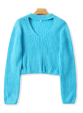 欧美立领镂空长袖针织毛衣 百搭时尚女套头短款宽松休闲上衣07162