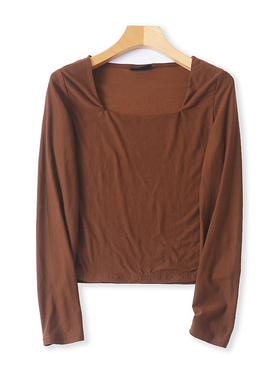 外贸圆领长袖T恤衫 春秋新款软糯弹力打底衫女套头显瘦上衣 23383