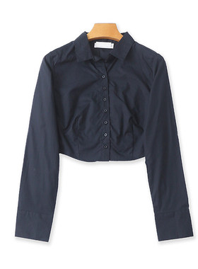 时尚全棉翻领短款衬衫 春秋新款修身长袖衬衣女纽扣开衫上衣11423