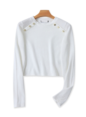 长袖圆领短款T恤衫 夏季新款短款显瘦女打底衫时尚针织上衣 12324