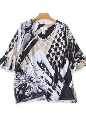 V领印花短袖T恤衫 夏季新款喇叭袖宽松显瘦打底衫女外贸上衣07473