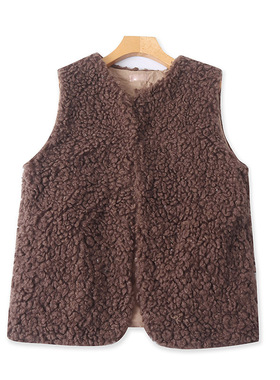 外贸V领羊羔毛马甲春秋新款无袖时尚马夹背心女宽松开衫上衣09412