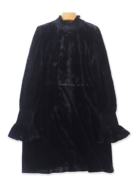 立领金丝绒连衣裙 春秋新款喇叭袖外贸时尚女套头中长款裙子01032