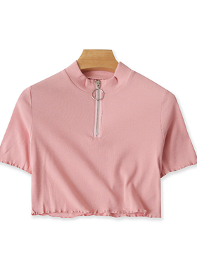 立领拉链半开衫 夏季新款木耳边弹力短款修身短袖T恤衫 上衣08044