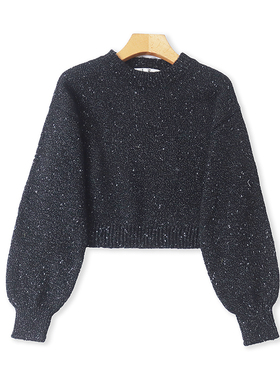 外贸小立领羊毛针织衫 春秋款亮丝灯笼袖毛衣女套头宽松上衣10053