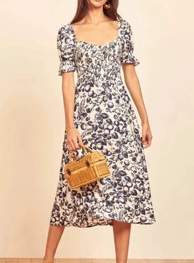 欧美V领碎花连衣裙 夏季新款收腰A字裙开叉中长时尚短袖裙子20073