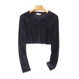 金丝绒长袖T恤衫 春秋新款纽扣开衫短款百搭显瘦打底女上衣 03182