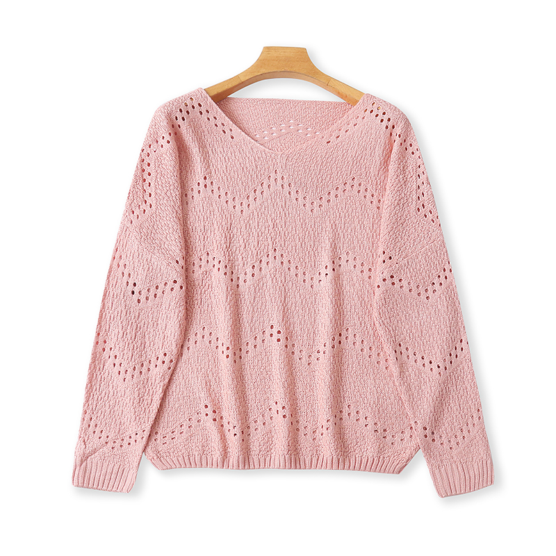 V领镂空长袖针织衫 春秋新款时尚女套头打底衫宽松休闲上衣 06131