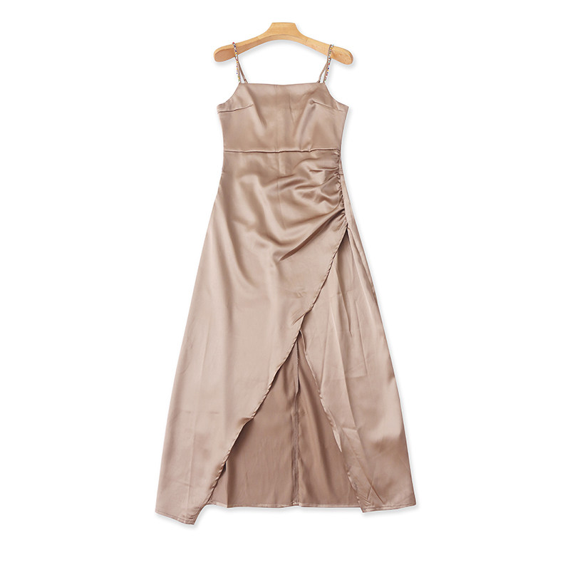 仿真丝亮面吊带连衣裙 夏季新款收腰中长款开叉时尚气质裙子08214,女装/女士精品,连衣裙,淘宝优惠券,粉丝福利购,淘宝优惠卷