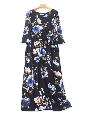 外贸长款圆领碎花连衣裙 夏季新款系带显瘦女套头7分袖裙子 19384