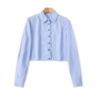 短款 翻领竖条纹女士纽扣开衫 长袖 春夏新款 宽松衬衣02072 衬衫 时尚