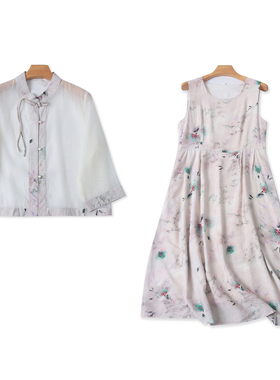 两件套连衣裙 圆领中袖上衣+无袖印花A字裙子女国风印花套装05503
