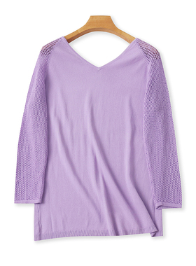 V领露背冰丝针织衫 春夏季新款镂空弹力T恤衫 女士7分袖上衣07161