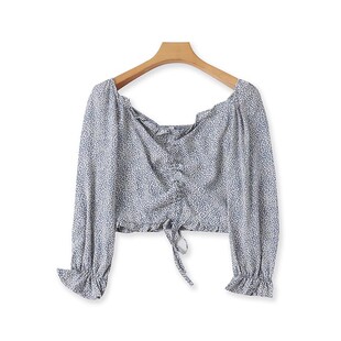 春秋新款 露脐衬衫 女套头打底上衣 点点方领短款 小衫 五分袖