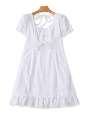 全棉方领系带收腰连衣裙 夏季新款气质A字中长款显瘦女裙子 18153